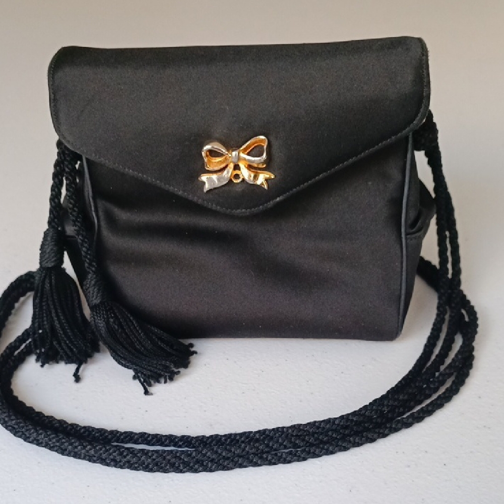 Judith Leiber New York Elegant Black Satin Bag with Gold Bow And Crossbody Strap
